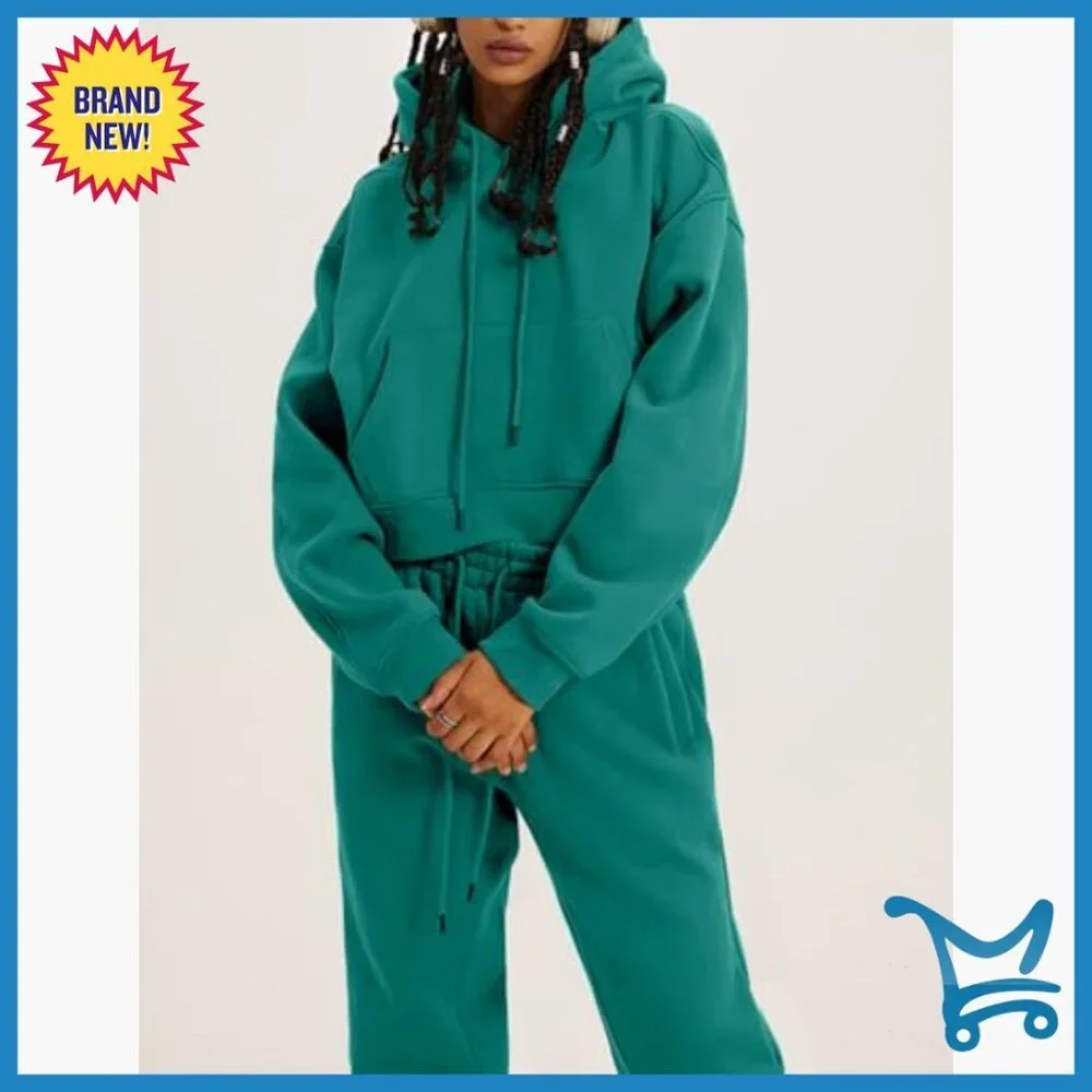 Fleece Jogger Set Crop Top Hoodie High Waist Pants Activewear
